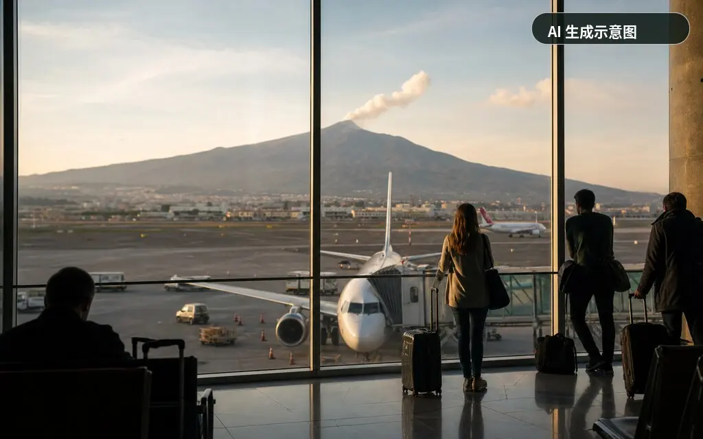埃特纳火山灰导致卡塔尼亚机场航班停飞（AI 生成示意图，非真实照片）