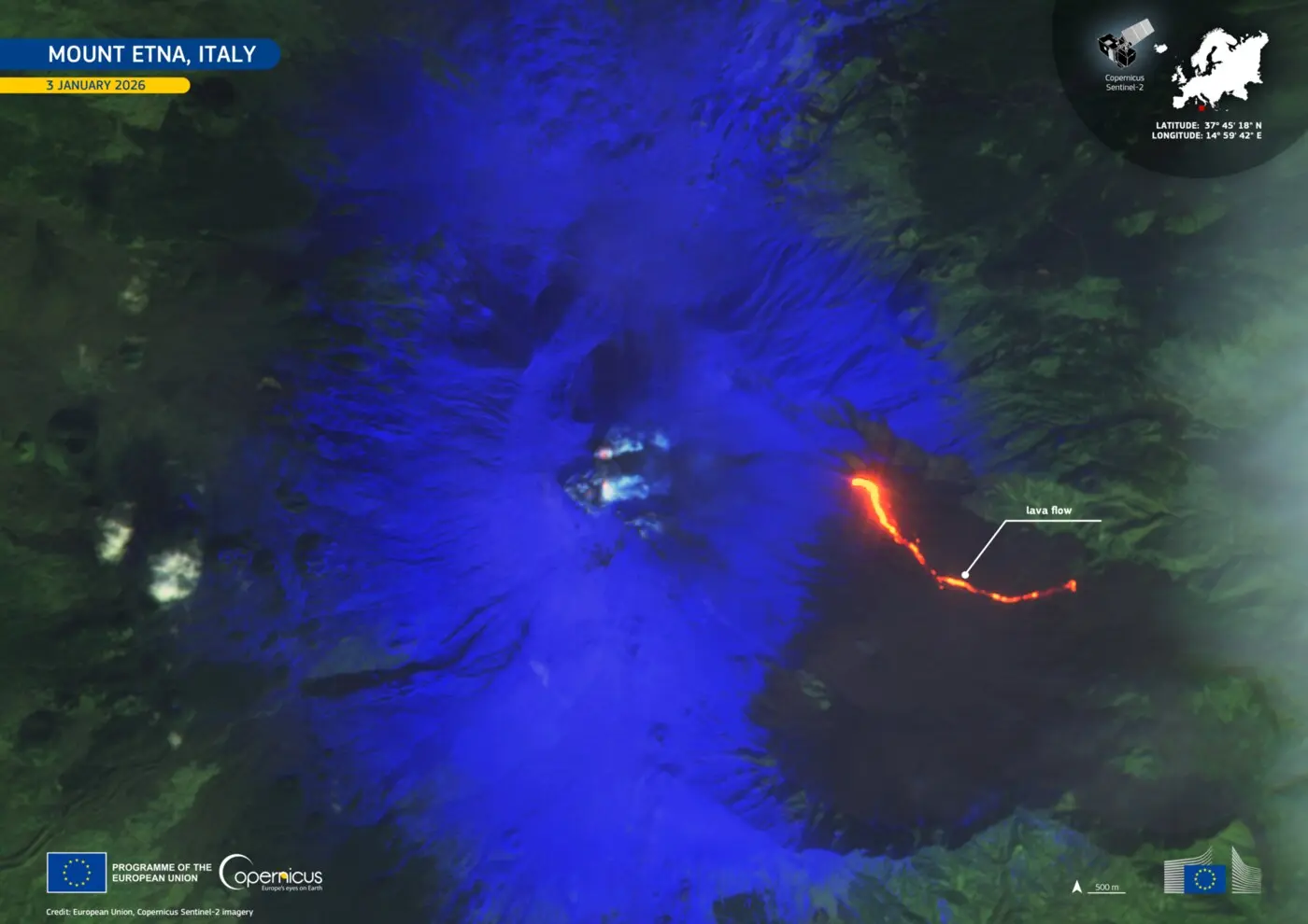 资料图：2026年1月3日卫星拍摄的埃特纳熔岩流（图源：European Union, Copernicus Sentinel-2 imagery）