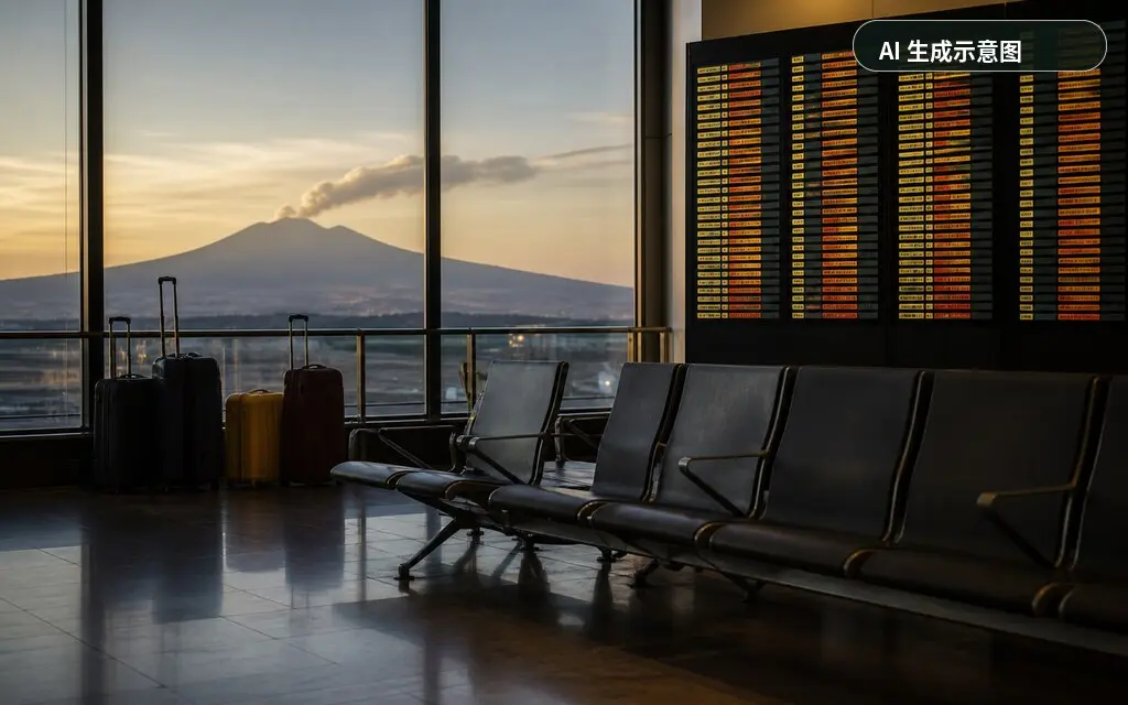 火山灰导致机场航班取消，旅客滞留候机厅（AI 生成示意图）