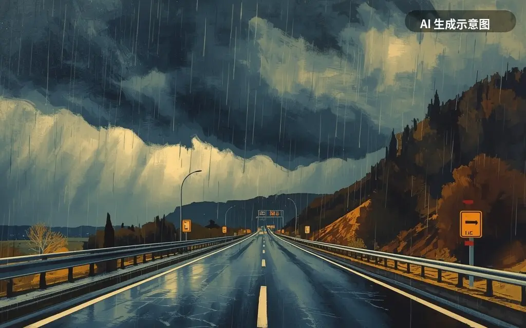 雷雨天气抵达意大利高速公路沿线的示意画面（AI 生成示意图，非真实照片）