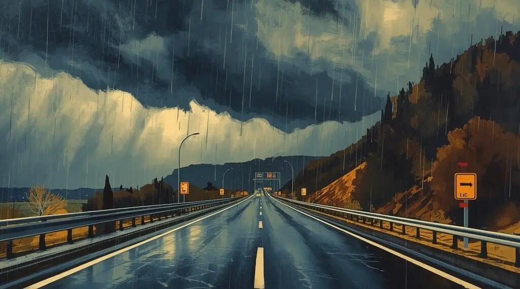 雷雨天气抵达意大利高速公路沿线的示意画面