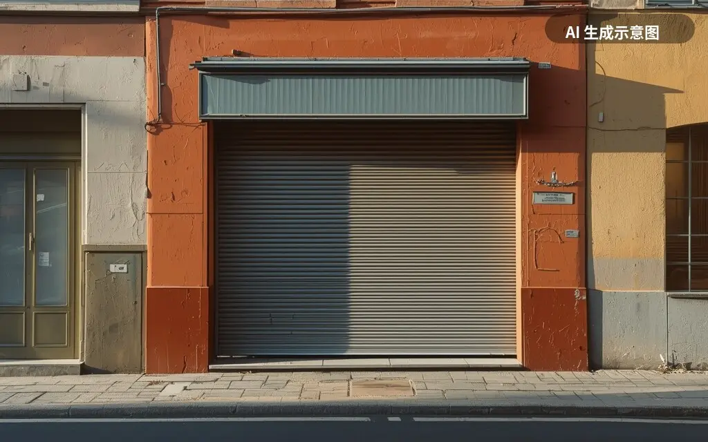 示意图:欧洲街边一家拉下卷帘门的小店(AI 生成示意图,非真实照片)