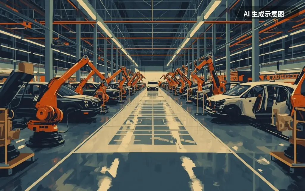 示意图:停工状态下的汽车总装车间(AI 生成示意图,非真实照片)