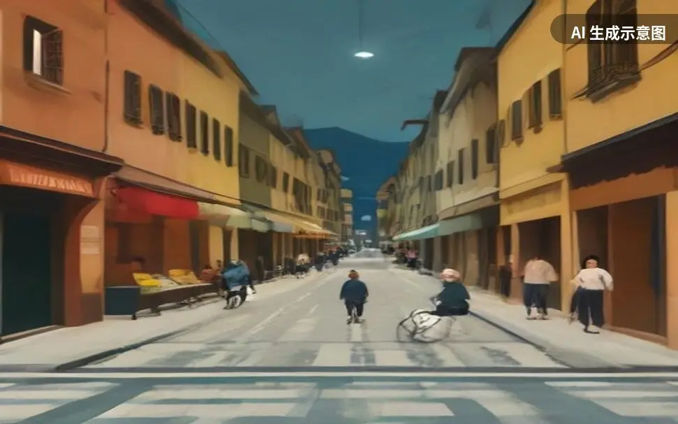 示意画面:黄昏时分意大利小城街道上的斑马线(AI 生成示意图,非真实照片)