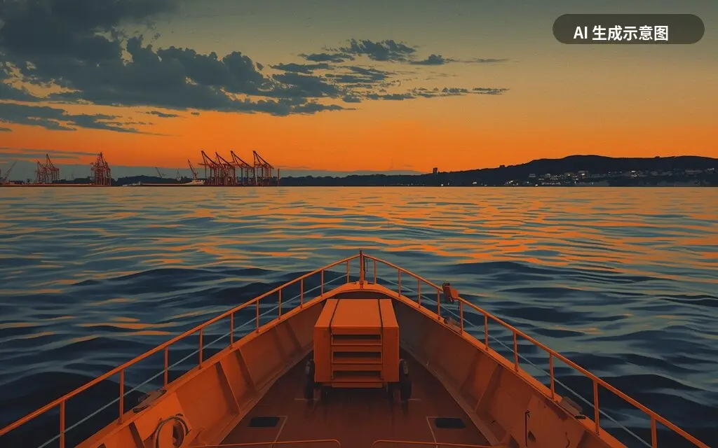 示意图:地中海上的一艘救援船与远处港口(示意画面,非 Sea-Watch 5 本船)(AI 生成示意图,非真实照片)