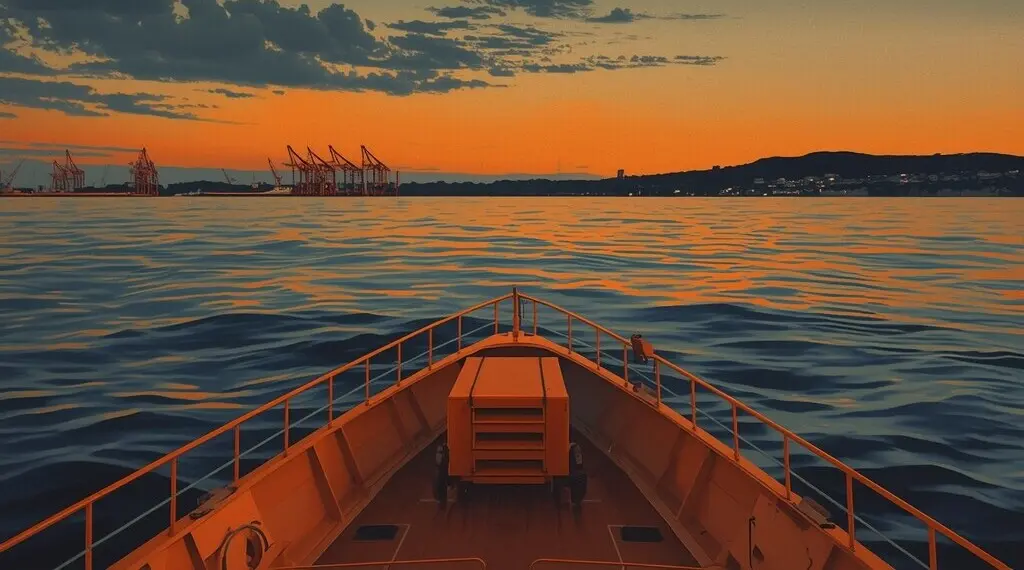 示意图:地中海上的一艘救援船与远处港口(示意画面,非 Sea-Watch 5 本船)