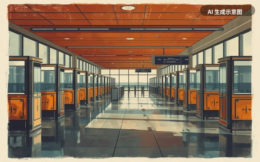 机场边检区示意画面（空置状态）。（AI 生成示意图，非真实照片）
