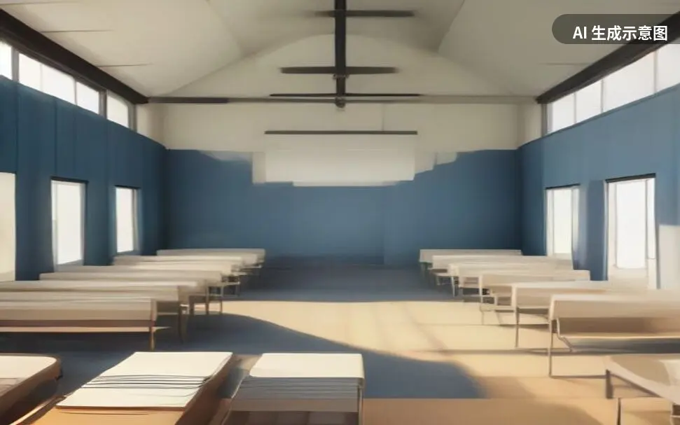 示意画面:纺织车间深处被改作宿舍的房间,门上贴着查封封条(AI 生成示意图,非真实照片)