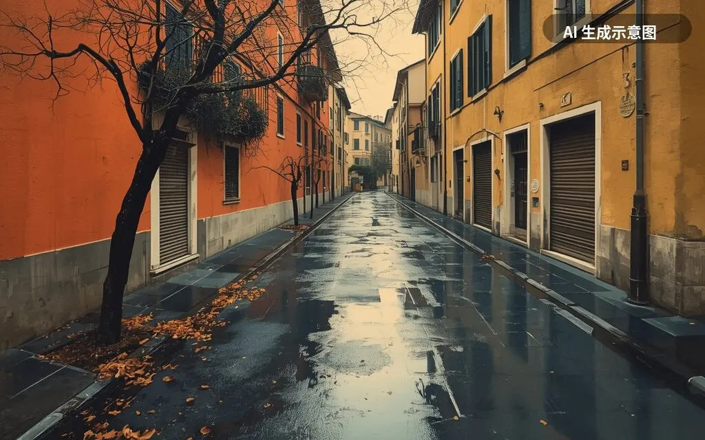 示意画面：暴雨过后的意大利小城街道（AI 生成示意图，非真实照片）