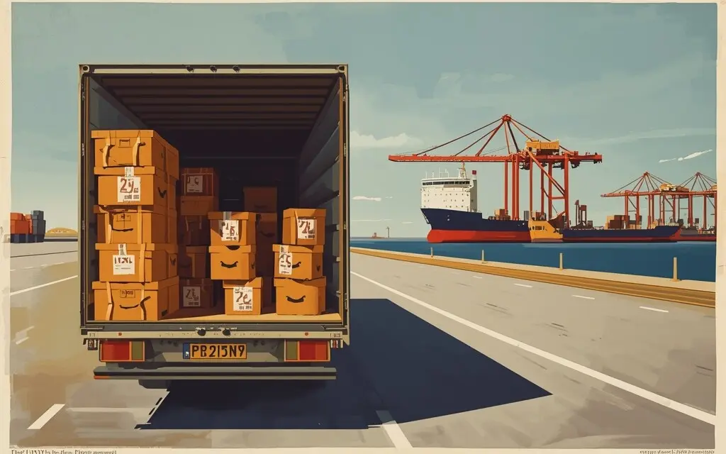 示意画面:港口货运码头的集装箱与货车(非现场照片,与本次查扣的具体货物、企业无关)。