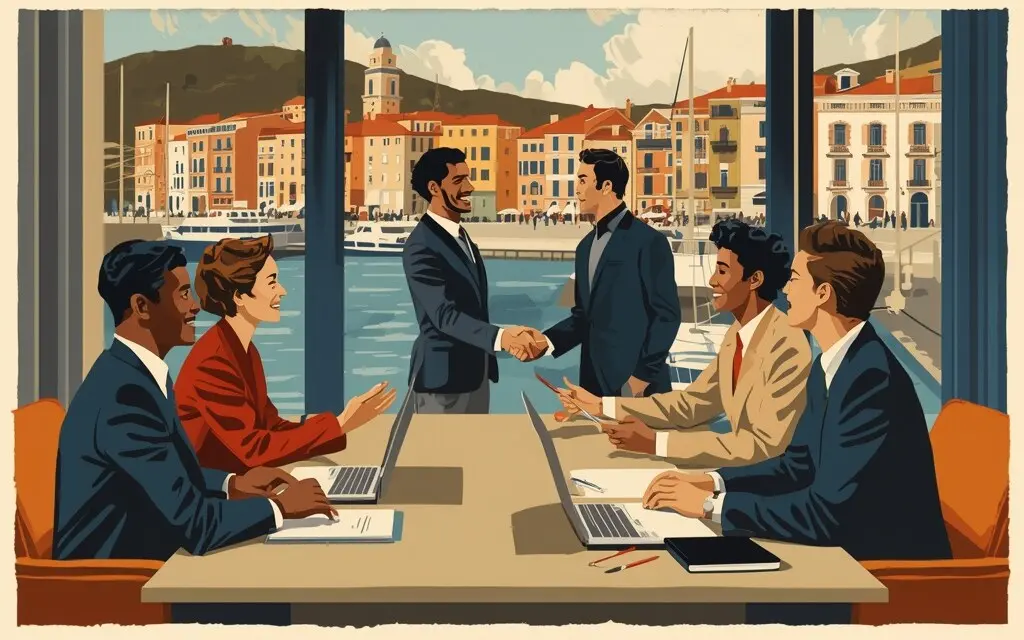 示意画面:工商联合会会议室里的企业家交流场景,背景为热那亚港(非事发现场)