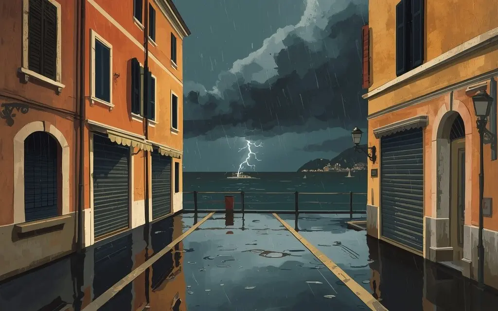 示意画面:秋季雷雨中的意大利沿海小城街道