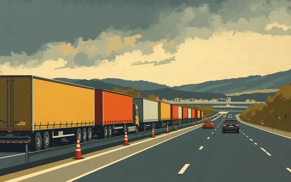 高速公路路边停靠的成排货车,与本报道所涉地点无关(示意画面,非现场照片)
