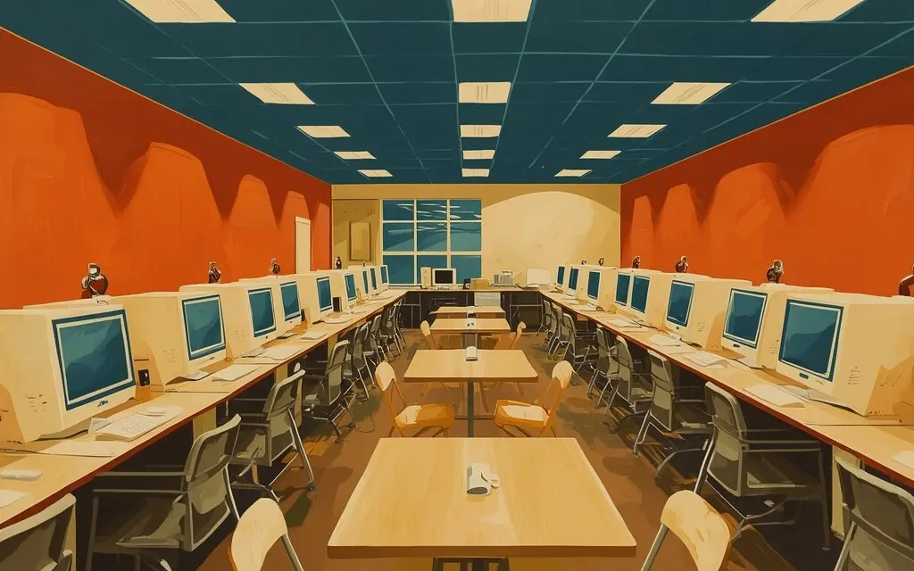 空置的游戏室里成排的电脑席位,与本报道所涉场所无关(示意画面,非现场照片)